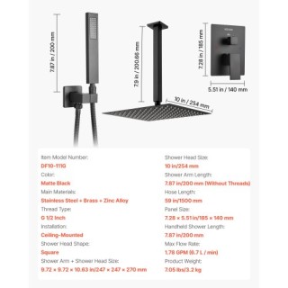 VEVOR Σετ Ντουζιέρας με Τετράγωνο Ροζονιέρα 10 και Χειρολαβή, Μαύρο...