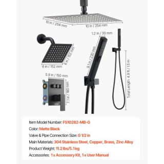 VEVOR Σετ Ντους με Ροή Βροχής, Οροφή 254 mm και Κεφαλή Τοίχου 152 m...