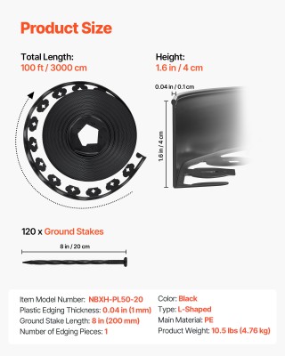 VEVOR  Πλαστικό Περιθώριο Κήπου 100 ft x 1.6 in Πλαστικό Περιθώριο ...