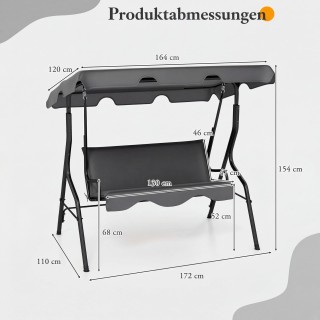 Costway 3θέσια κούνια κήπου με ρυθμιζόμενη τέντα, γκρι, 154 x 110 x...