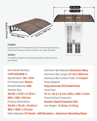 VEVOR Κουβούκλιο Εισόδου Πόρτας 38 x 78 ιν., Μεταλλική Βάση, Πολυκα...