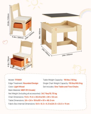 VEVOR Παιδικό Σετ Τραπεζιού και 2 Καρεκλάκια με Αποθηκευτικό Χώρο -...