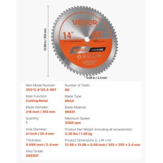 VEVOR Πριονόδισκος 355 mm για Κοπή Μετάλλων DPYJPDPQDCL3AHSOK001V0 VEVOR Πριονόδισκος 355 mm για Κοπή Μετάλλων DPYJPDPQDCL3AHSOK001V0