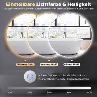 Costway Στρογγυλός Καθρέφτης Ø70 cm με Φωτισμό & Λειτουργία Μνήμης,...