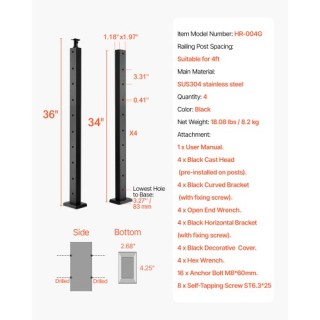 VEVOR Κολόνα Κάγκελου Οριζόντιας Οπής 36x1x2 4JZLGZXHS914UUOI6001V0