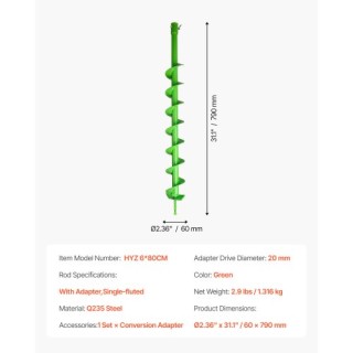 VEVOR Τρυπάνι Γεωτρυπάνου 2.36 x 31.1 ίντσες Σπειροειδής Γεώπλαστης...