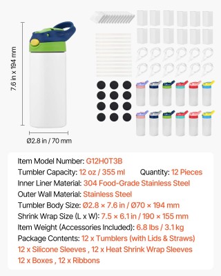 VEVOR Παιδικά Ποτήρια Σublimation 12τμχ, 355ml, Ανοξείδωτα με Καπάκ...