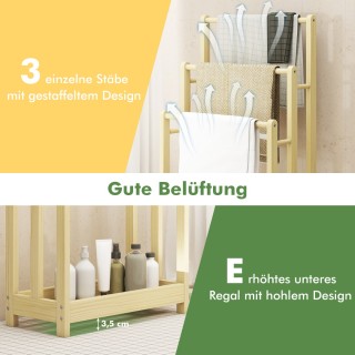 Costway Ξύλινη Επιδαπέδια Πετσετοθήκη με 3 Ράβδους για Πετσέτες & Κ...