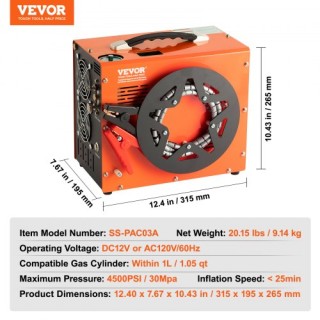 VEVOR Φορητός Συμπιεστής Αέρα PCP, 4500PSI/30Mpa με Ενσωματωμένο Με...