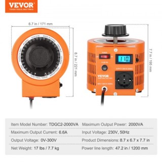 VEVOR 2000VA Μετασχηματιστής Τάσης 6.6A 0-300V Ρυθμιστής LCD CE  KB...