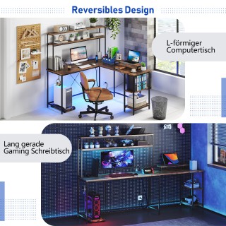 Costway Γωνιακός Γραφείο Gaming με LED και Πρίζες - Καφέ CB10592DE-CF+