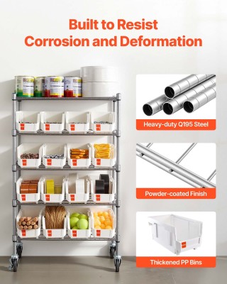 VEVOR Ράφι Αποθήκευσης με Ροδάκια, 5 Επιπέδων, 16 Κάδοι Οργάνωσης K...