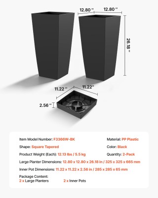 VEVOR Σετ 2 Ψηλών Γλαστρών Εξωτερικού Χώρου με Ρόδες και Αποστράγγι...