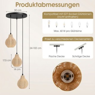Costway Τρίφωτο Μποέμ Κρεμαστό Φωτιστικό Ρατάν, Χειροποίητος Φυσικό...