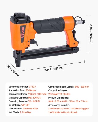 VEVOR Πνευματικό Καρφωτικό, 20-Gauge T50 για 7/16 Στέμμα, 4-16mm Μή...