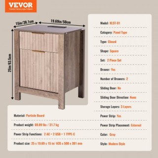 VEVOR  Γκρι Τραπεζάκι με USB & Πρίζες (Σετ 2) 635 x 500 x 381 mm BS...