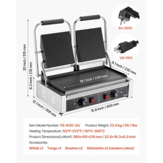VEVOR Επαγγελματική Τοστιέρα Γκριλ με Πλάκα 48x23cm SYYBDBL3600WZ5A...