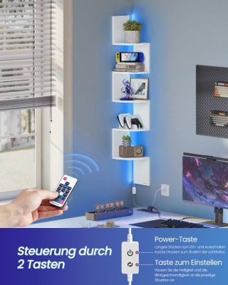 VASAGLE Ραφιέρα Γωνιακή Τοίχου με RGB LED Φωτισμό, 5 Επίπεδα, Λευκή...