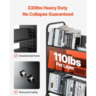 VEVOR Τροχήλατο Καρότσι Βιβλίων 3 Επιπέδων με Διπλής Όψης Ράφια σε ...