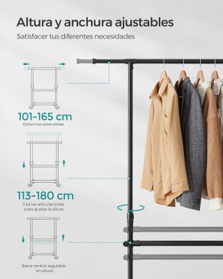 Songmics Τροχήλατη Διπλή Κρεμάστρα Ρούχων, με Επεκτεινόμενη Άνω Ράβ...