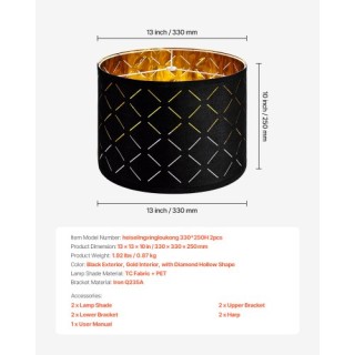 VEVOR Σετ 2 Μαύρα Στρογγυλά Καπέλα Λάμπας 13x13x10 με Άρπα YZXDZ131...