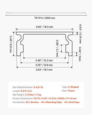 VEVOR Σετ 10 LED Προφίλ Αλουμινίου U Σχήματος 2M με Γαλακτώδες Κάλυ...
