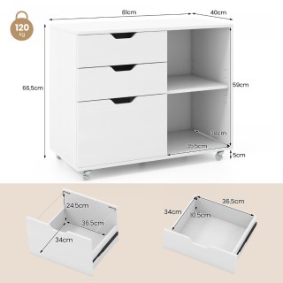 Τροχήλατο Ντουλάπι Γραφείου με 3 Συρτάρια 81 x 40 x 66,5cm Λευκό CB...