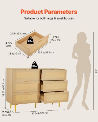 VEVOR Σύγχρονη Συρταριέρα από Ξύλο και Ρατάν 120 x 39.5 x 85.4 cm μ...