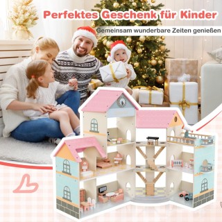 Costway Ξύλινο γωνιακό κουκλόσπιτο με ροζ στέγη & 41 έπιπλα & αξεσο...