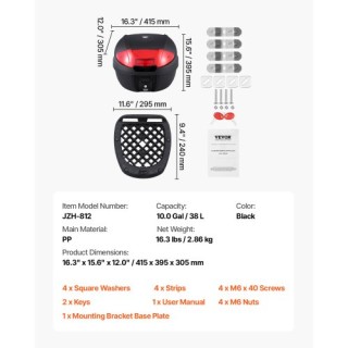 VEVOR 38L Μοτοσυκλετιστικό Κουτί Αποθήκευσης Ουράς με Αντανακλαστικ...