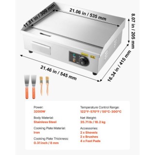 VEVOR Ηλεκτρική Πλάκα Ψησίματος VEVOR, 535 x 300 mm, 3200W, Ρυθμιζό...