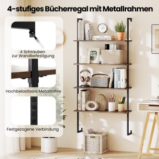 Costway Επιτοίχιο Ράφι 4 Επιπέδων με Μεταλλικό Πλαίσιο, Καφέ 163 x7...