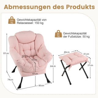 Costway Ροζ Πολυθρόνα Χαλάρωσης με Μπράτσα, Πλαϊνή Τσέπη, Υποπόδιο ...