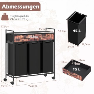 Costway Καλάθι απλύτων 3 θηκών 135L με ρόδες και συρτάρια, με σακού...