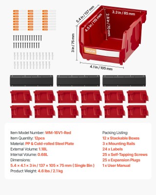 VEVOR Επιτοίχιες Πλαστικές Θήκες Αποθήκευσης με Μεταλλικές Ράγες, γ... VEVOR Επιτοίχιες Πλαστικές Θήκες Αποθήκευσης με Μεταλλικές Ράγες, γ...