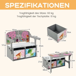 Costway Παιδικό Σετ Τραπέζι & Καρέκλα 3 σε 1 με 2 Αποσπώμενα Υφασμά...