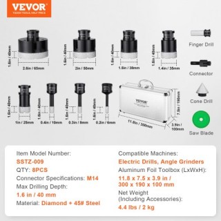 Σετ Διαμαντοκορώνων VEVOR, 8 τεμ. 6-65mm, για Πλακάκια & Κεραμικά ... Σετ Διαμαντοκορώνων VEVOR, 8 τεμ. 6-65mm, για Πλακάκια & Κεραμικά ...