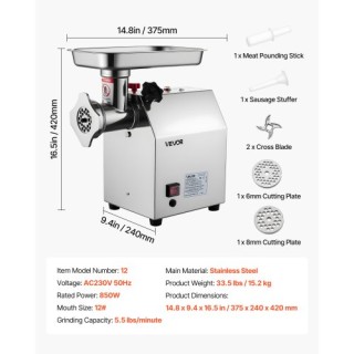VEVOR Μηχανή Άλεσης Κρέατος & Εγκάρσιας Λουκάνικων 5.5 lbs/min SYTM...
