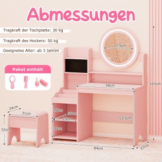 Costway Ροζ Παιδικό Τραπεζάκι Μακιγιάζ Πριγκίπισσα με Καθρέφτη & Φω...