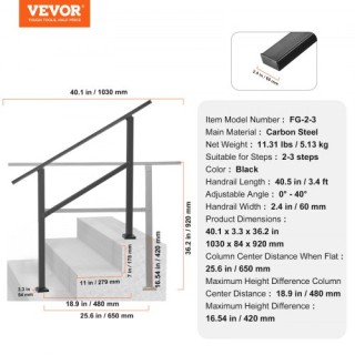 VEVOR Μαύρη Τετράγωνη Κουπαστή για 2-3 Σκαλοπάτια με Εύκολη Εγκατάσ...