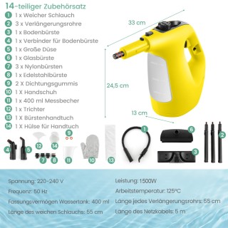Costway  Φορητός ατμοκαθαριστής 1500W με δεξαμενή 400 ML έως 125℃ Κ...
