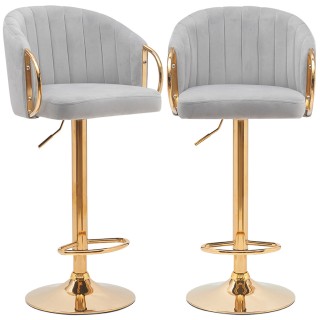 BAKAJI  Σετ 2 Σκαμπό Κουζίνας Ρυθμιζόμενου Ύψους σε Γκρι Βελούδο κα...