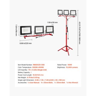 VEVOR Φορητό Τρίποδο LED Εργασιακού Φωτισμού με Τρεις Κεφαλές - 150...