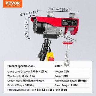 Ηλεκτρικός Γερανός VEVOR, 250kg, 220V, 40ft, Χαλύβδινο Συρματόσχοιν...