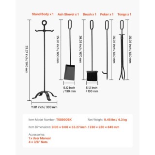 VEVOR Σετ Εργαλείων Τζακιού VEVOR, Μαύρο, 5-σε-1, Διάσταση: 230 x 2...