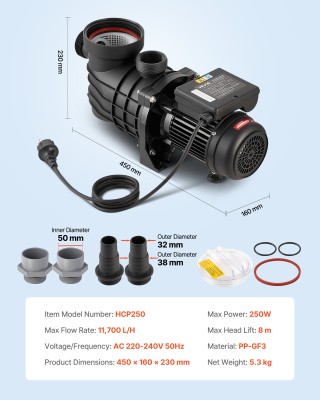 VEVOR Αντλία Πισίνας 250W για Υπερυψωμένες Πισίνες 11,700 L/H DSYCG...