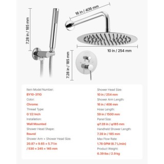 VEVOR Σετ Ντους με Στρογγυλή Κεφαλή 10 και Χειρός σε Ασημί Χρώμιο B...