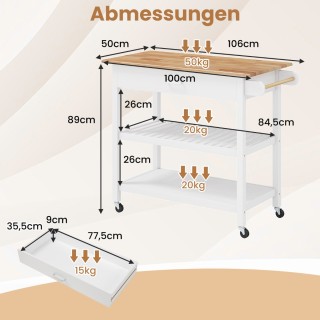 Costway Λευκός Κινητός Κουζινικός Καρότσι με Πάγκο και Συρτάρι KC58...