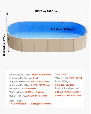 VEVOR Επένδυση Πισίνας Οβάλ 375 x 732 cm UniBead για Ύψος Τοίχου 12...