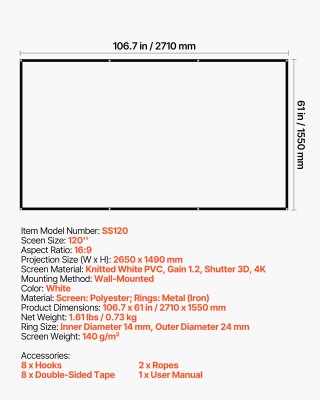 VEVOR Προβολική Οθόνη 120 ιντσών 16:9, 4K 1080 HD, Τοίχου με Αγκίστ...